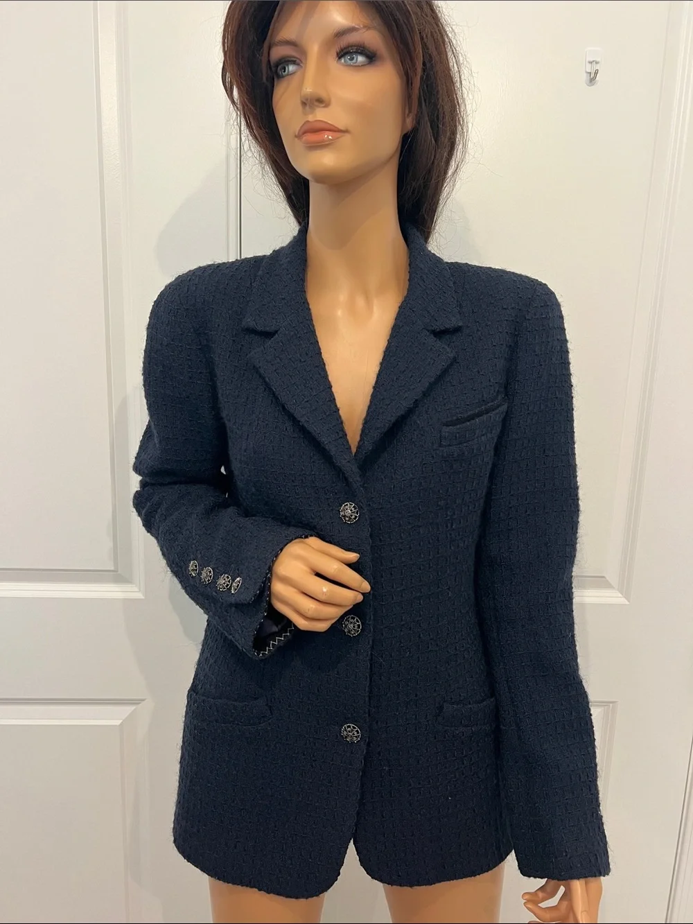 CHANEL 08A Navy Wool Cashmere Tweed Blazer Jacket CC Buttons FR 44
